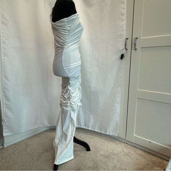 Zara white draped ruched one shoulder asymmetrical bodycon midi dress high slit - Picture 5 of 11